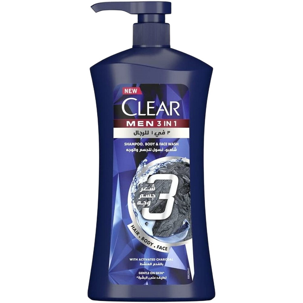 Clear Men Total Care Shampoo (Hair + Body + Face) Activated Charcoal 900 ml